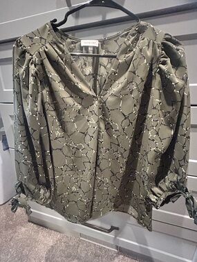 Olivia Grey Olive Green Printed Women's Blouse with Tie Cuffs